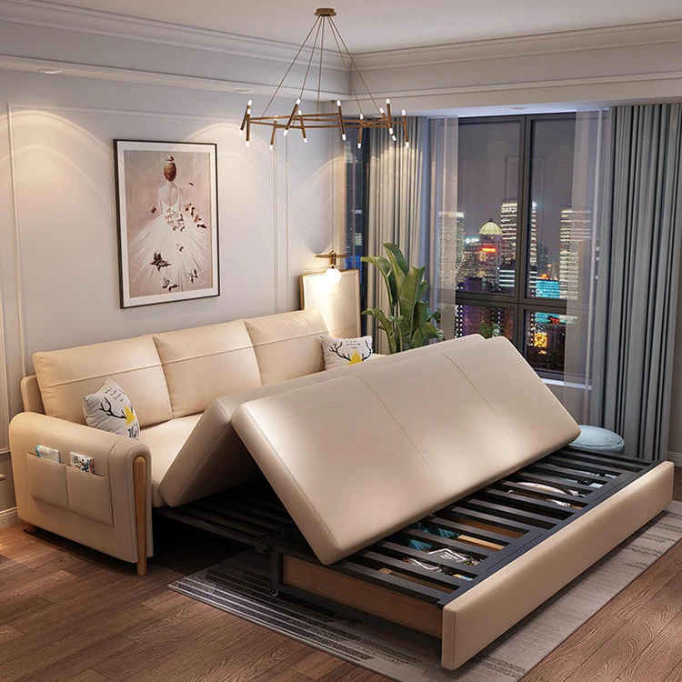 High Quality Modern Multifunctional Clamshell Fabric Armchair Sofa Bed with Metal Wood Shelf and Modern Living Room Storage