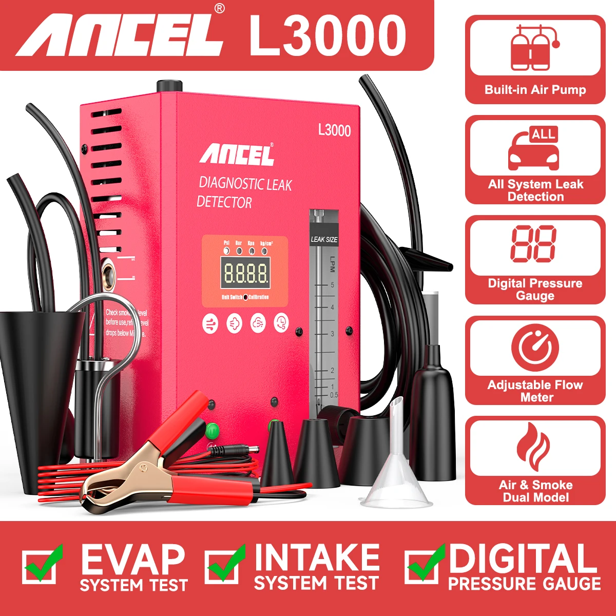 

ANCEL L3000 Automotive Smoke Machine with Built-in Air Pump and Digital Pressure Gauge EVAP Smoke Machine Leak Tester