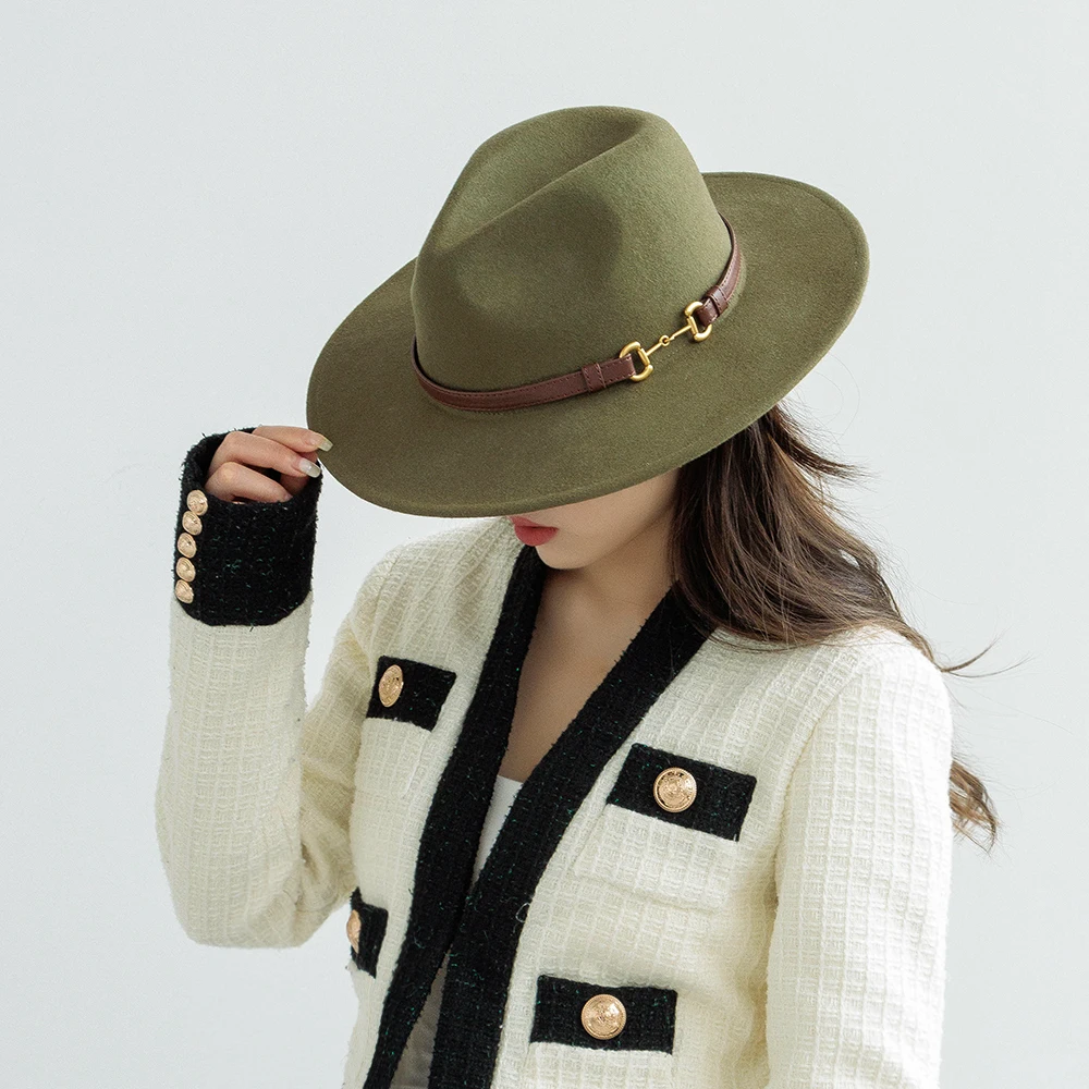 冬の新-100-ウール帽子ファッションベルト金属バックル装飾ジャズ帽子屋外暖かい装飾帽子