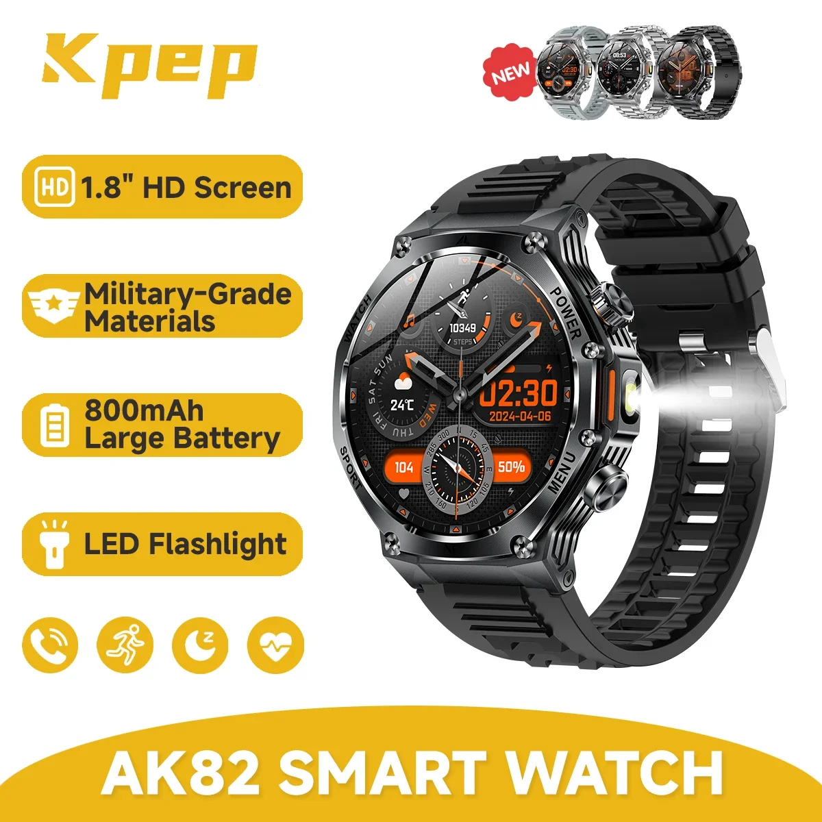 

KPEP AK82 Мужские военные умные часы 1,8 "HD-дисплей Светодиодный фонарик Открытый беспроводной вызов 100+ спортивных режимов Фитнес-трекер