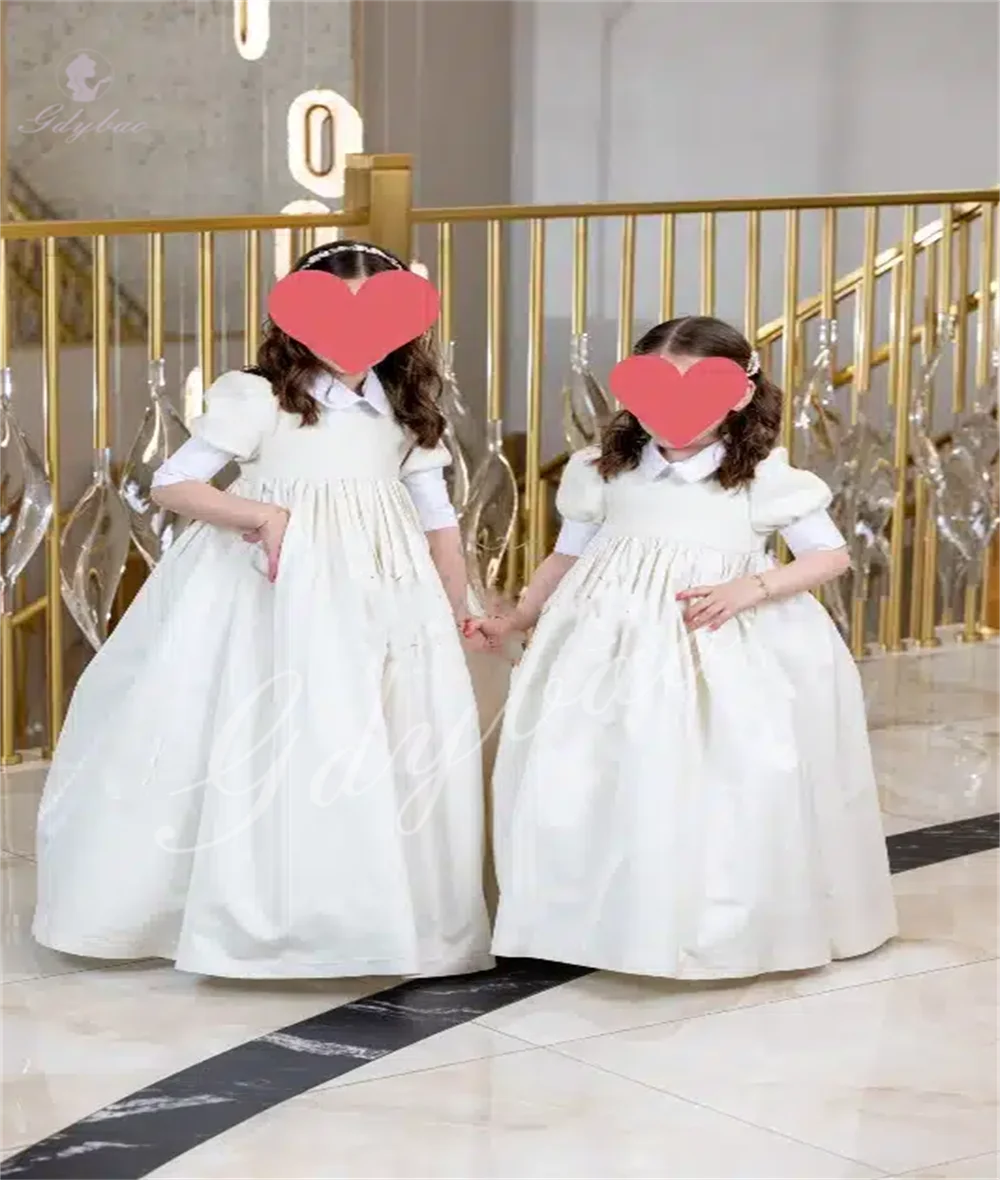 Sukienka dla dziewczynki w kolorze królewskiego błękitu z klapami Peter, bufiaste krótkie rękawy, satynowa, na komunię, urodziny, wesele, dla druhny.