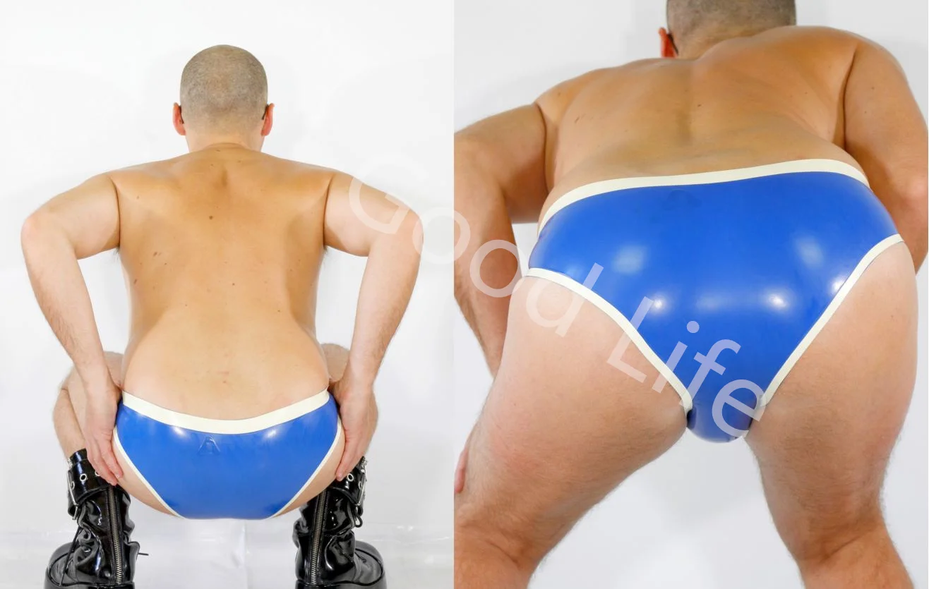 

Handmade Natural Latex Boxer Blue with White Shorts Underwear Rubber Gummi Panties Swim Pants