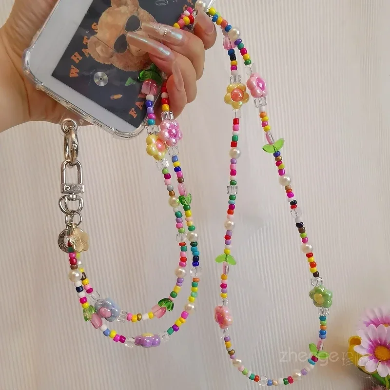 Mobile Phone Lanyard Long Cross-body Tulip Flower Beaded Chain Female Detachable Buckle Bag Chain Mobile Phone Case Universal