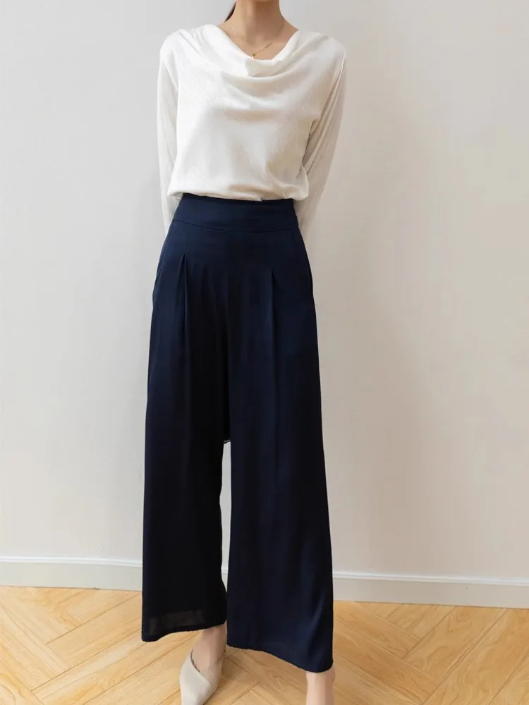 Pocket Design 93% Natural Mulberry Silk Elastic Double Qiao Satin Black Drape Comfortable Women's Fashionable Casual Pants