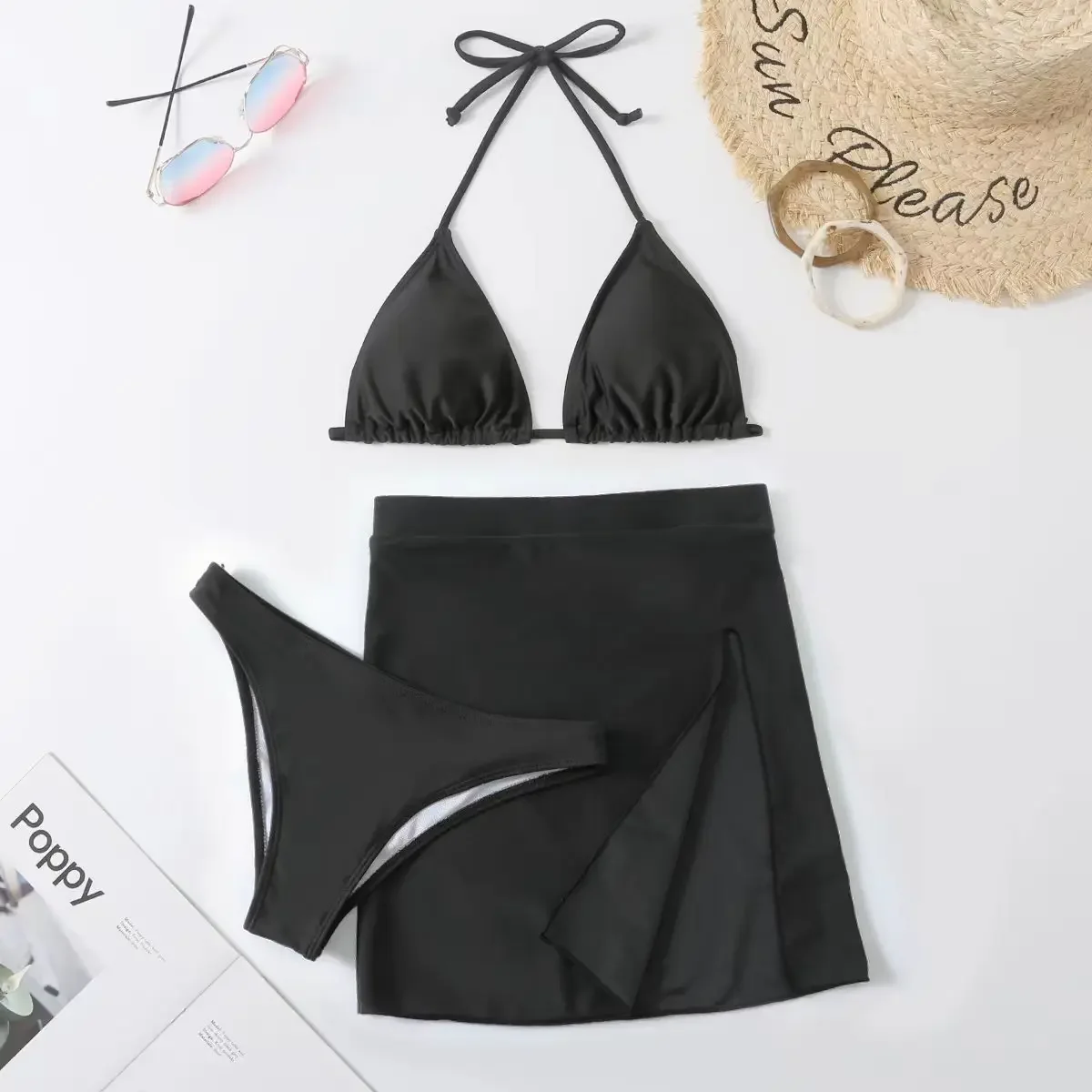 

2025 Summer New Solid Color 3 Piece Swimsuit for Women Triangle Halter Backless Bikini Set Beach Vacation Bathing Suit Swimwear