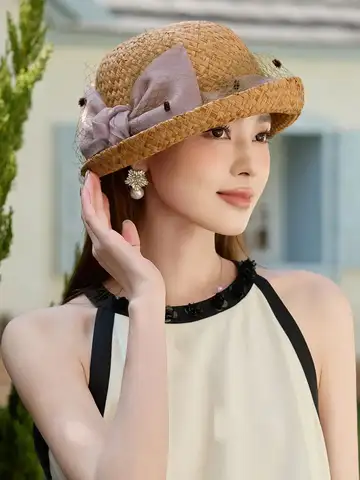 디럭스 천연 잔디 100% 라피트 밀짚 모자 휴가 손으로 짠 선 스크린 보우 플랫 양산 모자 여성용 비치 모자
