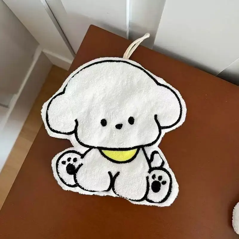 Cute Cartoon Dog Hand Towel Kitchen Wiping Cloth Hanging Absorbent Soft Coral Fleece Child's Adorable Handkerchief