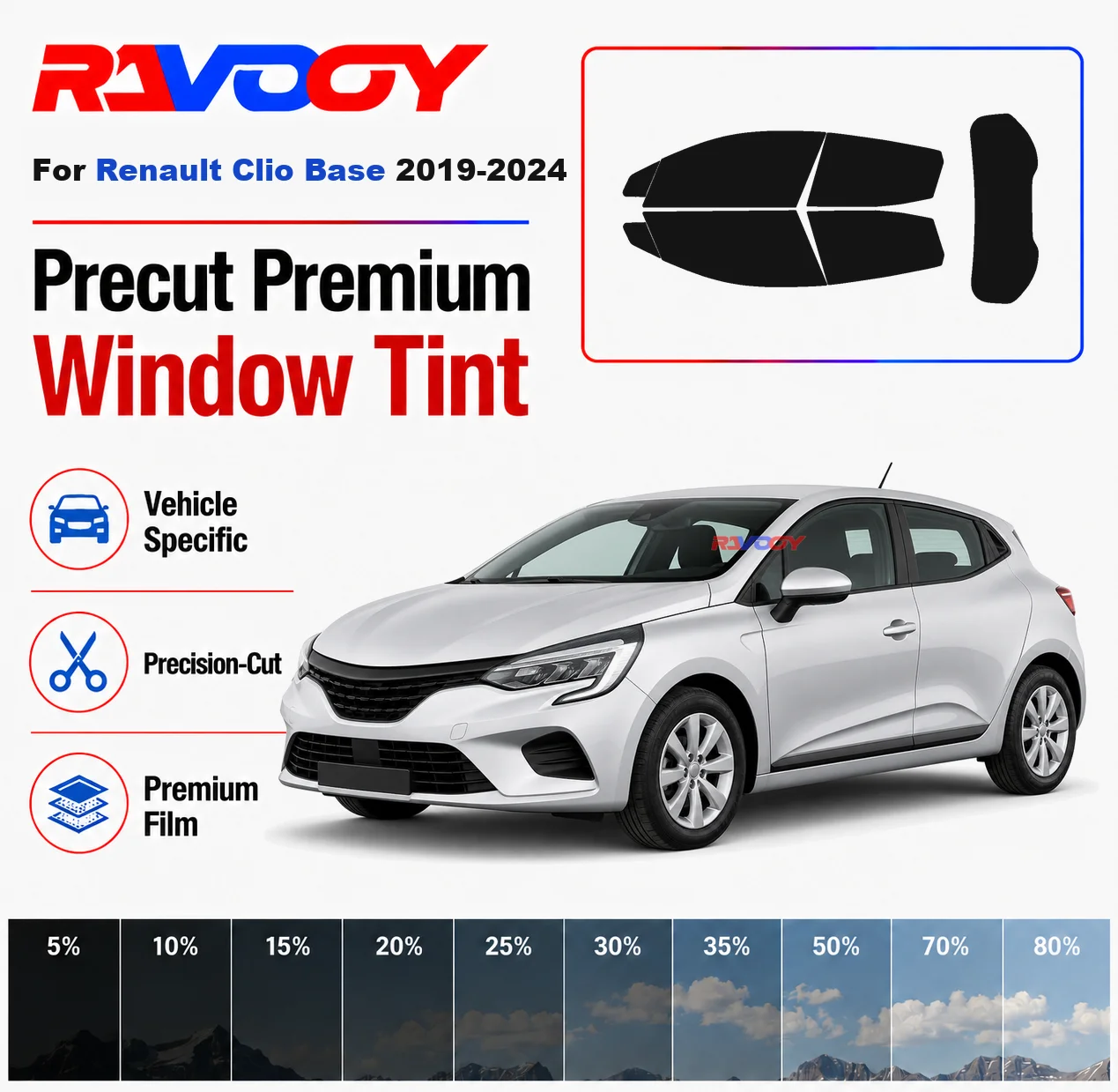

Premium Precut Window Tint Kit Front Rear Windows Rear Windshield For Renault Clio Base 2019-2024 Complete Set Nano Ceramic Film