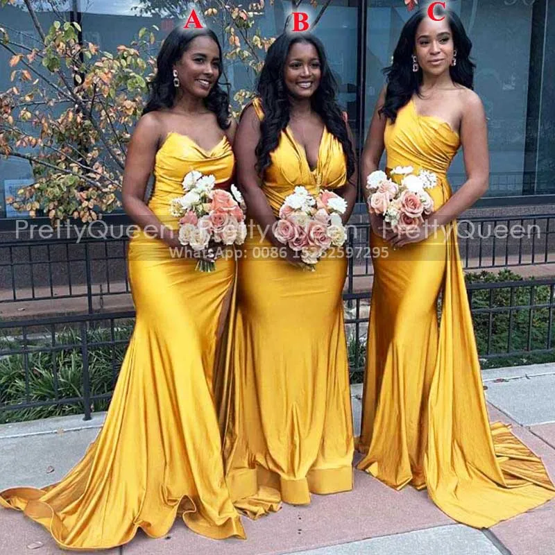 Gold Yellow Mermaid Bridesmaid Dresses Plus Size Women Deep V Neck Sleeveless Long Sheath Wedding Guest Dress Party