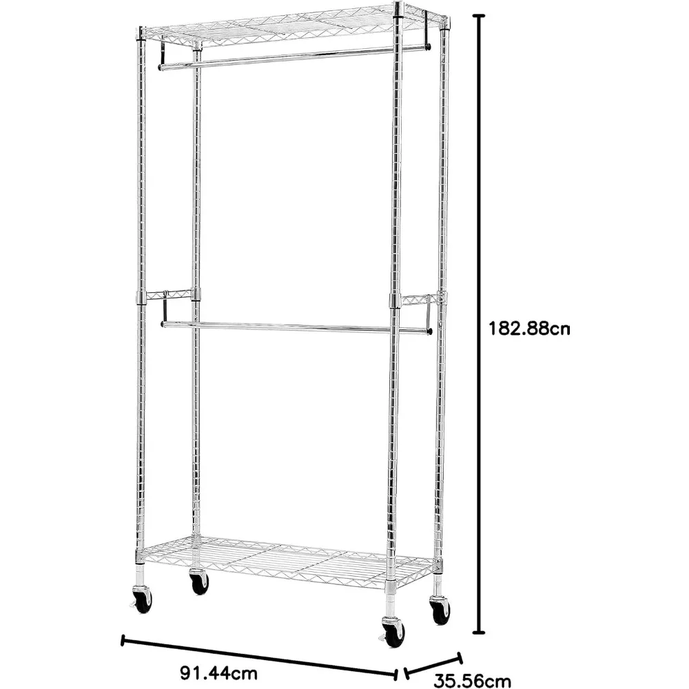 Adjustable Double Hanging Rod Garment Rolling Closet Organizer, Chrome Finish, 36'' x 14'' x 72''