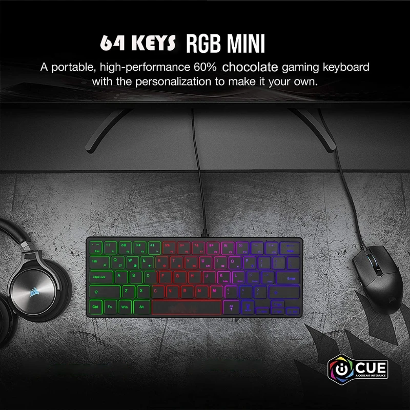 60% Compact 64 for Key Keyboard True RGB Backlight USB Gaming Keyboard Ergonomic Game Keyboard Suitable for PC Gam