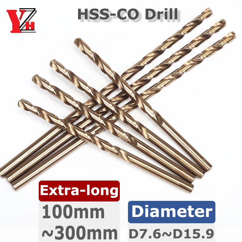 

YZH HSS-CO Сверхдлинные спиральные сверла Cobalt M35 100-300 мм Диаметр D7.6 ~ D15.9 мм Для нержавеющей стали/железа/меди/алюминия/дерева