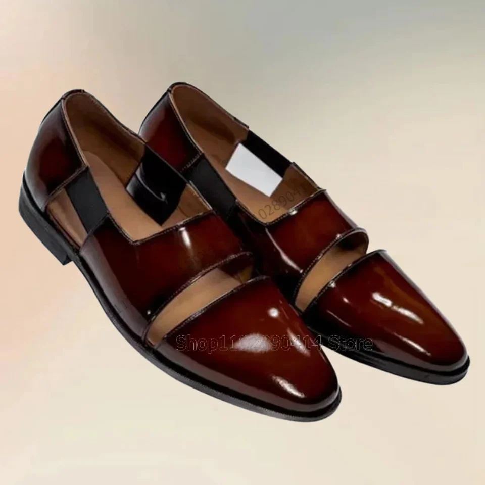 

Brown Hollow Design Patent Leather Men Sandals Fashion Slip On Men Shoes Comfort Handmade Party Feast Banquet Men Casual Shoes
