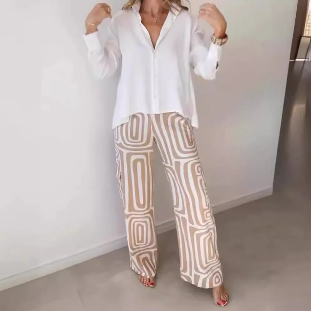 2024 Casual Suit Women's White Shirt Loose Digital Printed Pants Two-piece Sets For Women Outfits