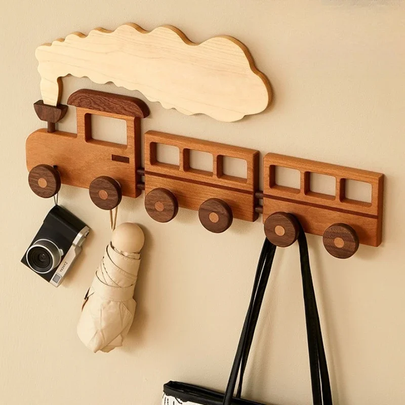 Solid Wood Wall Hooks Creative Cartoon Wall Hook Household Cute Adhesive Storage Hooks Living Room Organization Accessories