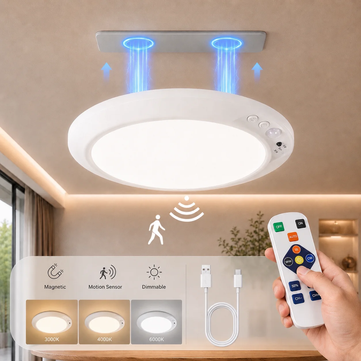 モーションセンサー天井灯-usb-type-c-充電式磁気ランプワイヤレス壁ランプリモート-led-ナイトライトキッチンコートルーム用