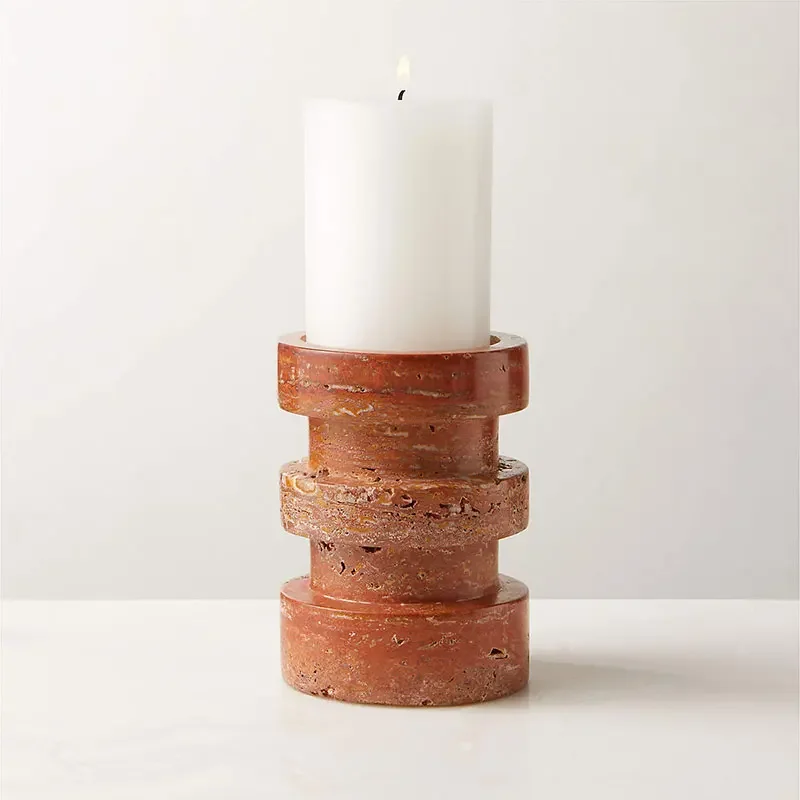 Custom 1 Set D10x14CM/25CM Spiral Red Travertine Stone Candle Holder Marble