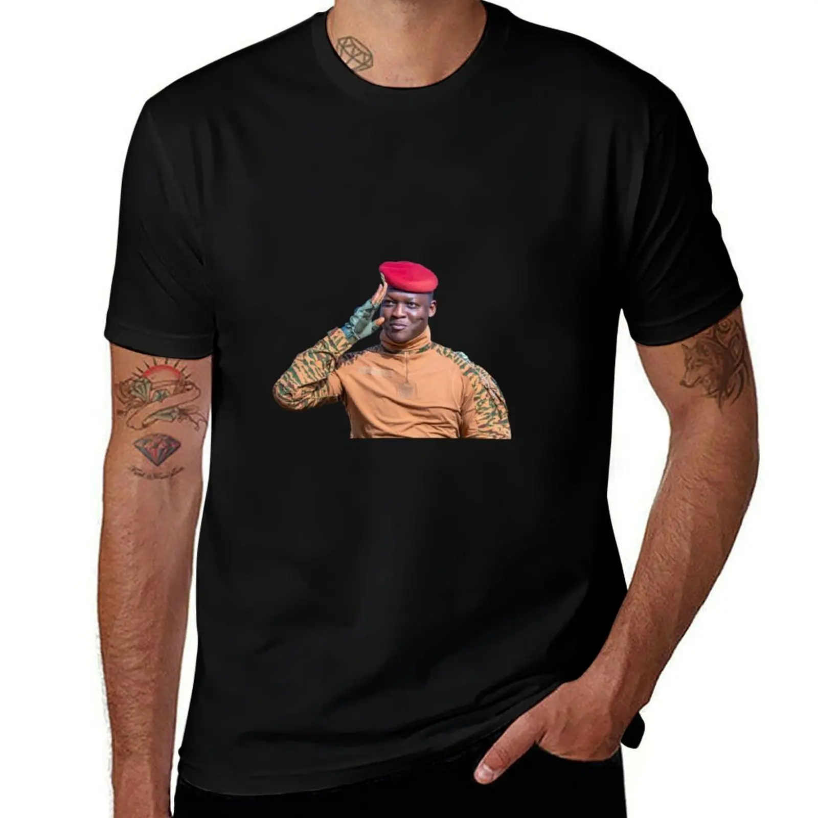 

President Ibrahim Traoré of Burkina Faso – Military salute in red beret T-Shirt vintage graphic tee heavyweight t shirts for men