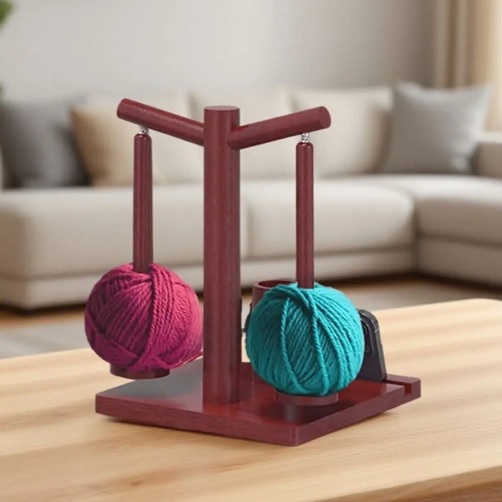 Large Wooden Yarn Holder DIY Handmade Magnetic Thread Spool with Phone Holder with 2 Axle Rotating Yarn Spinner for Sewing