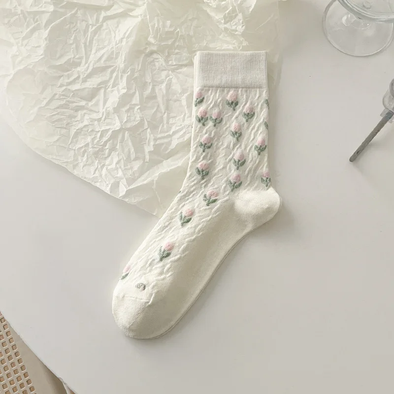 Woman Spring Summer Flower Socks Students Cute Sweet Thin Middle Tube Sock