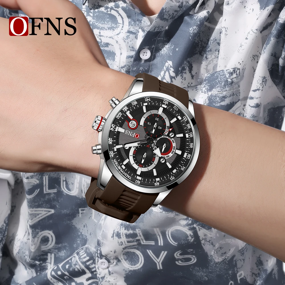 OFNS 8024 ساعات رجالية غير رسمية جديدة تقويم الأعمال ستة تشين قرص صغير متعدد الوظائف الوقت ساعات مقاومة للماء 2025