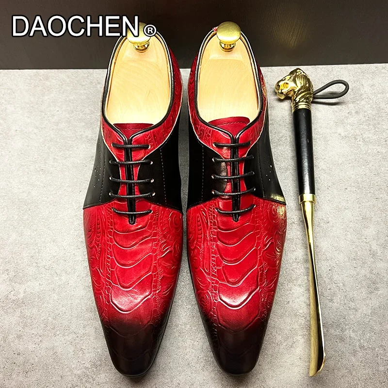 LUXURY BRAND MEN\'S REAL LEATHER SHOES RED BLACK LACE UP POINTED TOE PRINTED CASUAL MAN SHOE WEDDING OFFICE OXFORDS SHOES FOR MEN