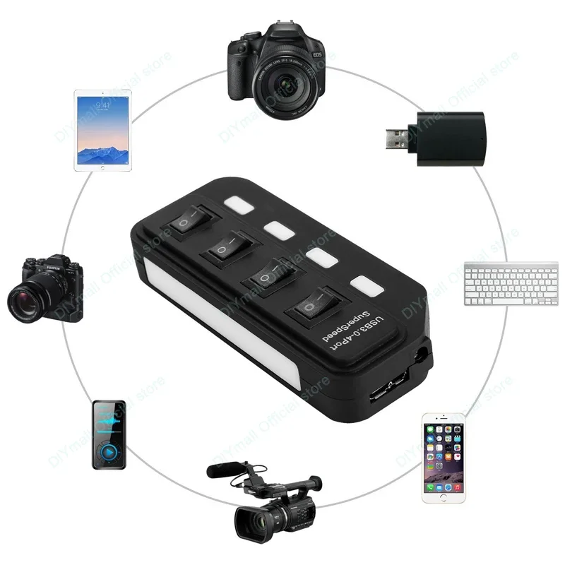 USB 3.0 Hub 4-Port Splitter with Individual Power Switches and Power Adapter High-Speed Data Transfer Charging Station Laptop