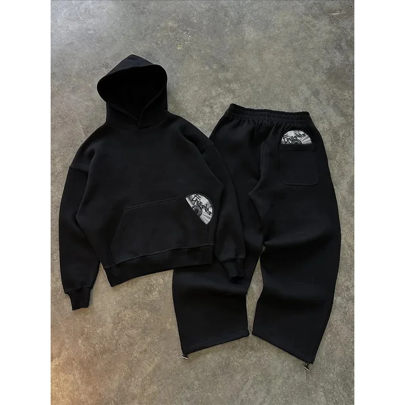 

2026 Men's Casual Sports Set Trendy Street Retro Y2K Embroidered Hoodie with Loose Sweatpants Hip-Hop Streetwear Set