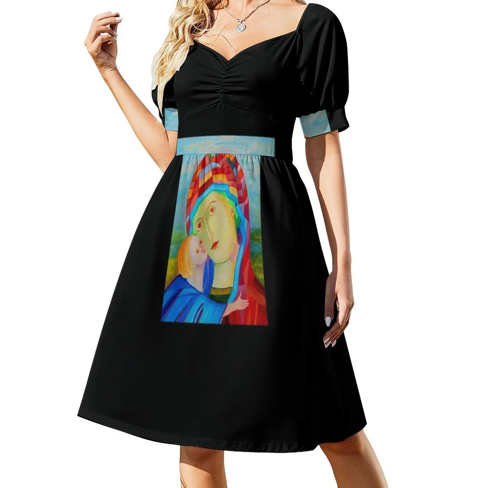 Sukienka mini w stylu preppy z motywem Matki Boskiej z Dzieciątkiem i Jezusa Chrystusa, o kroju A-line, luźna, codzienna sukienka dla kobiet.