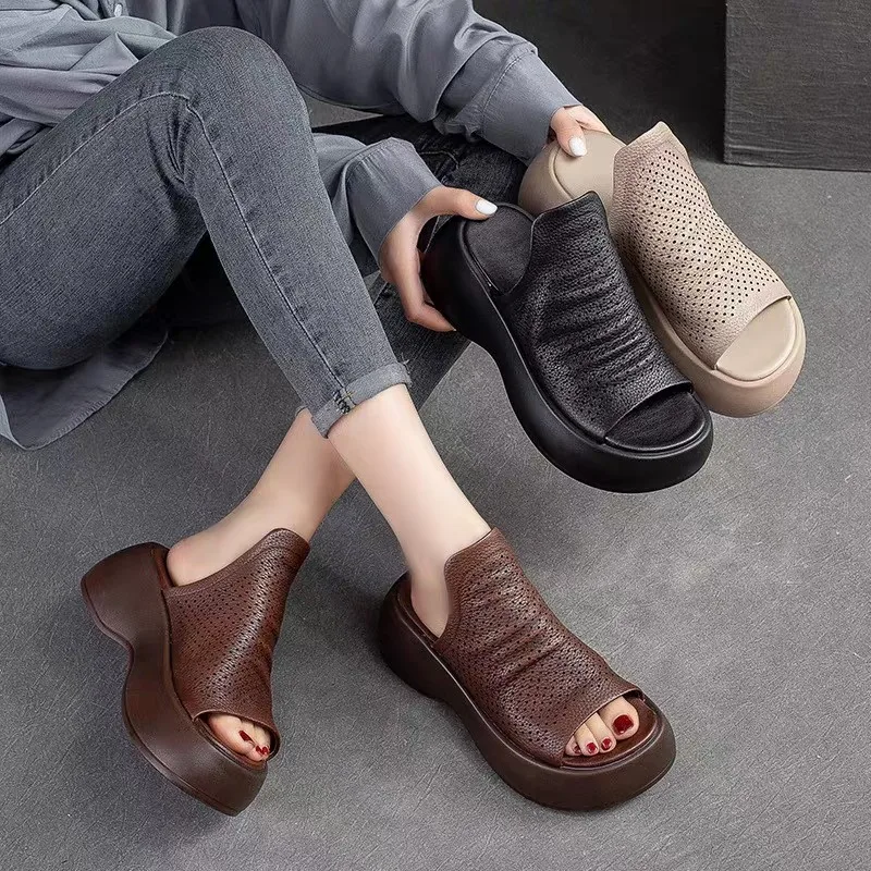 Fashion Hollow Fish Mouth Women\'s Shoes 2024 Summer New Women\'s Breathable Thick Sole Large Slippers