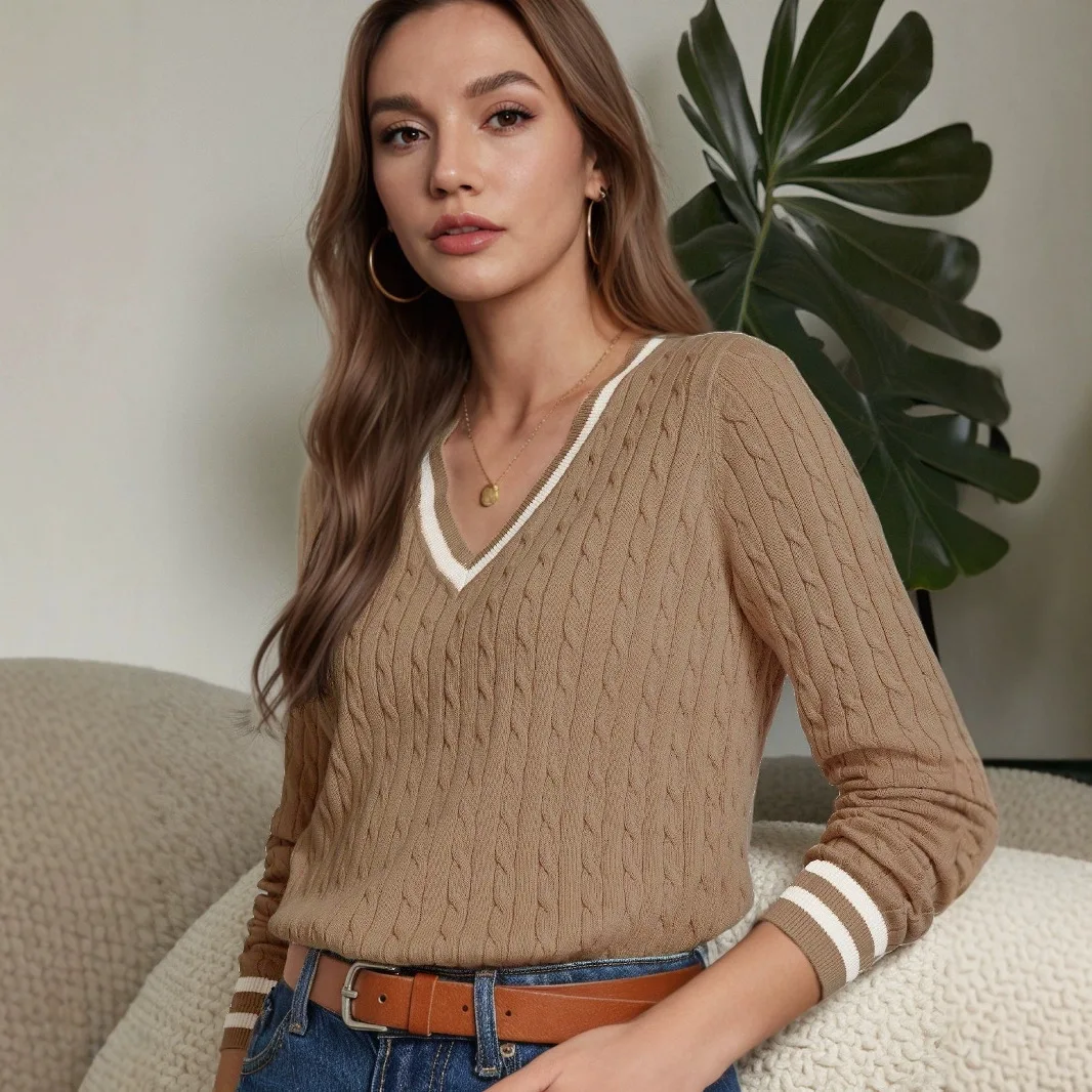 Gestreifter Pullover für Damen im Herbst und Winter, vielseitig, elegant, lässig, künstlerisch, Farbblock-Pullover mit V-Ausschnitt, Strickwaren