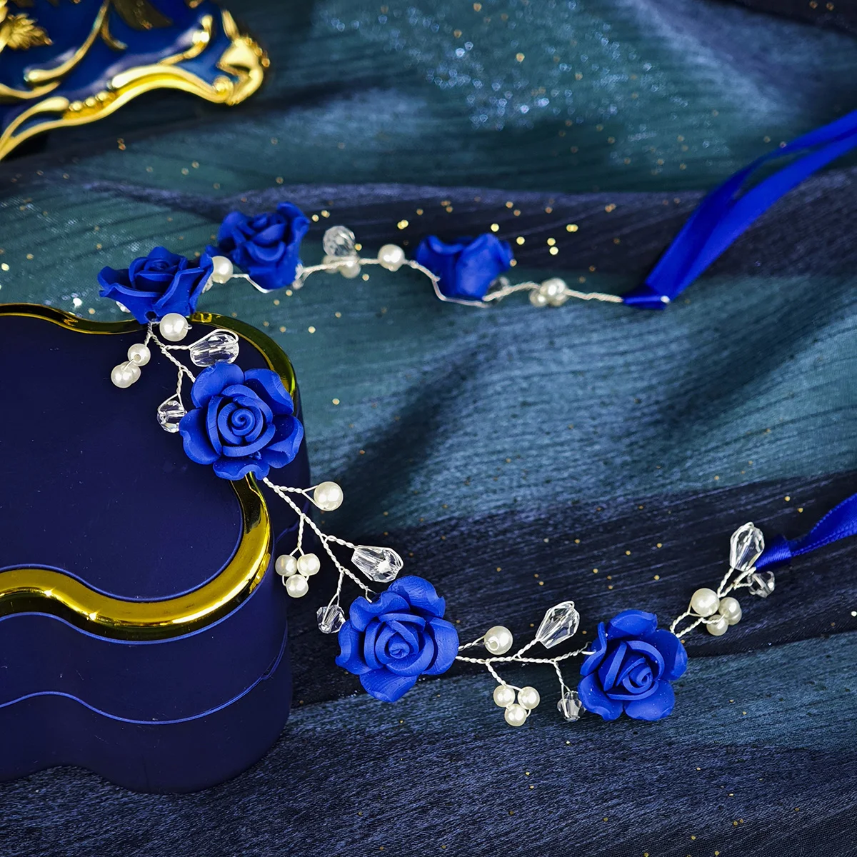 Diadema azul Klein de estilo campestre coreano, exquisita diadema de perlas rosas para mujer, tocado para banquete de boda, accesorios para el cabello