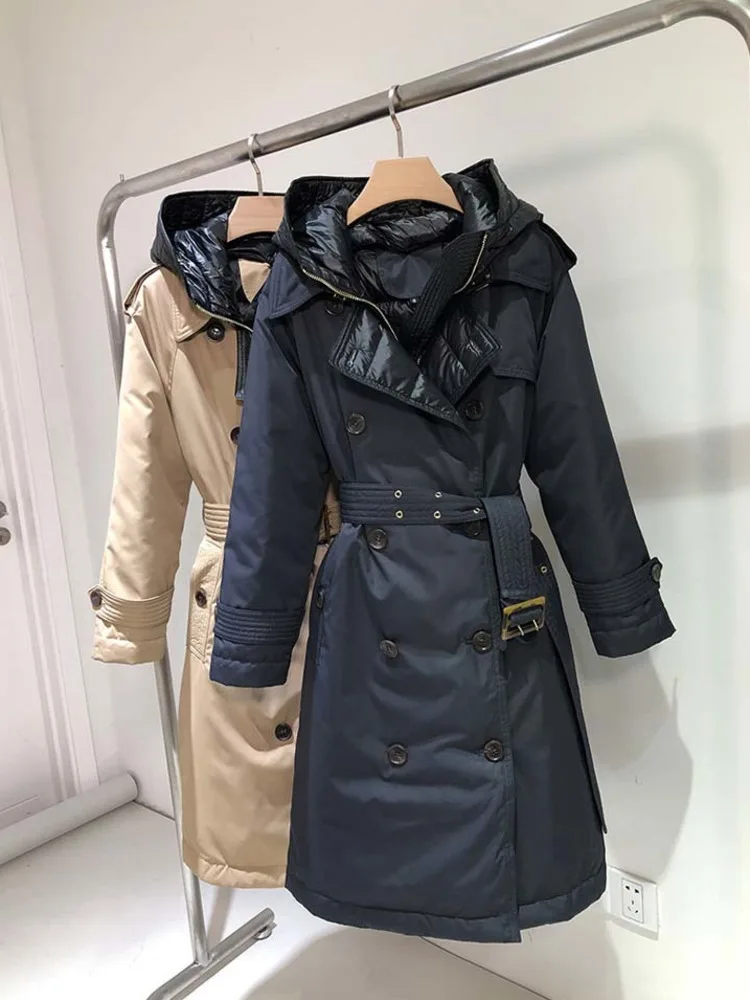 

90% White Duck Down Jackets And Coat With Hooded For WInter Down Jacket Hooded Double Breasted Casual Long Trench Parkas