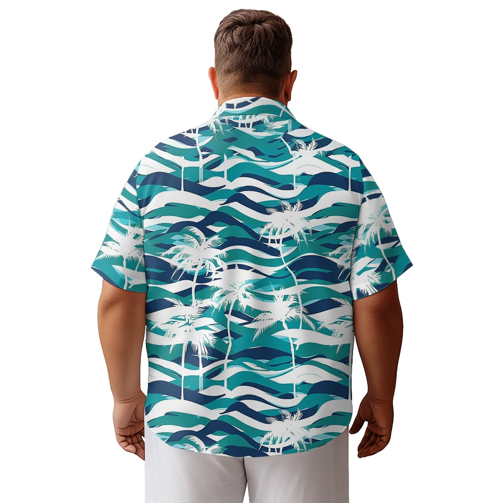 2024 new  Men's shirts plus size Summer freehand wave coconut tree printed clothing casual short-sleeved