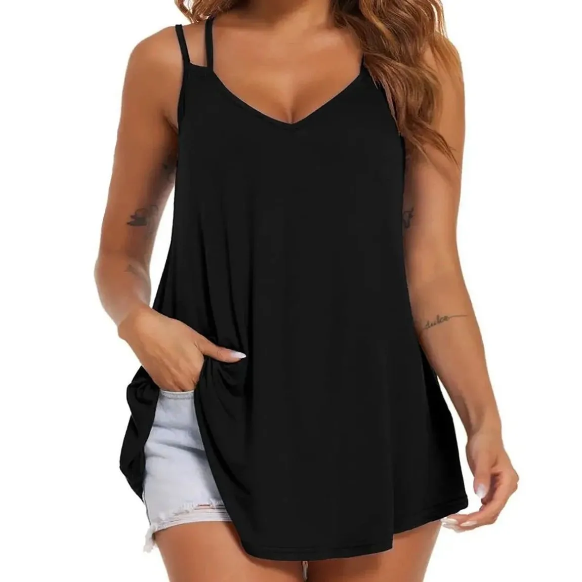 

plus Size 2024 Color ter Top Bal V Ne T-irt Women's Faion Trendy Svel Summer Casual Wear