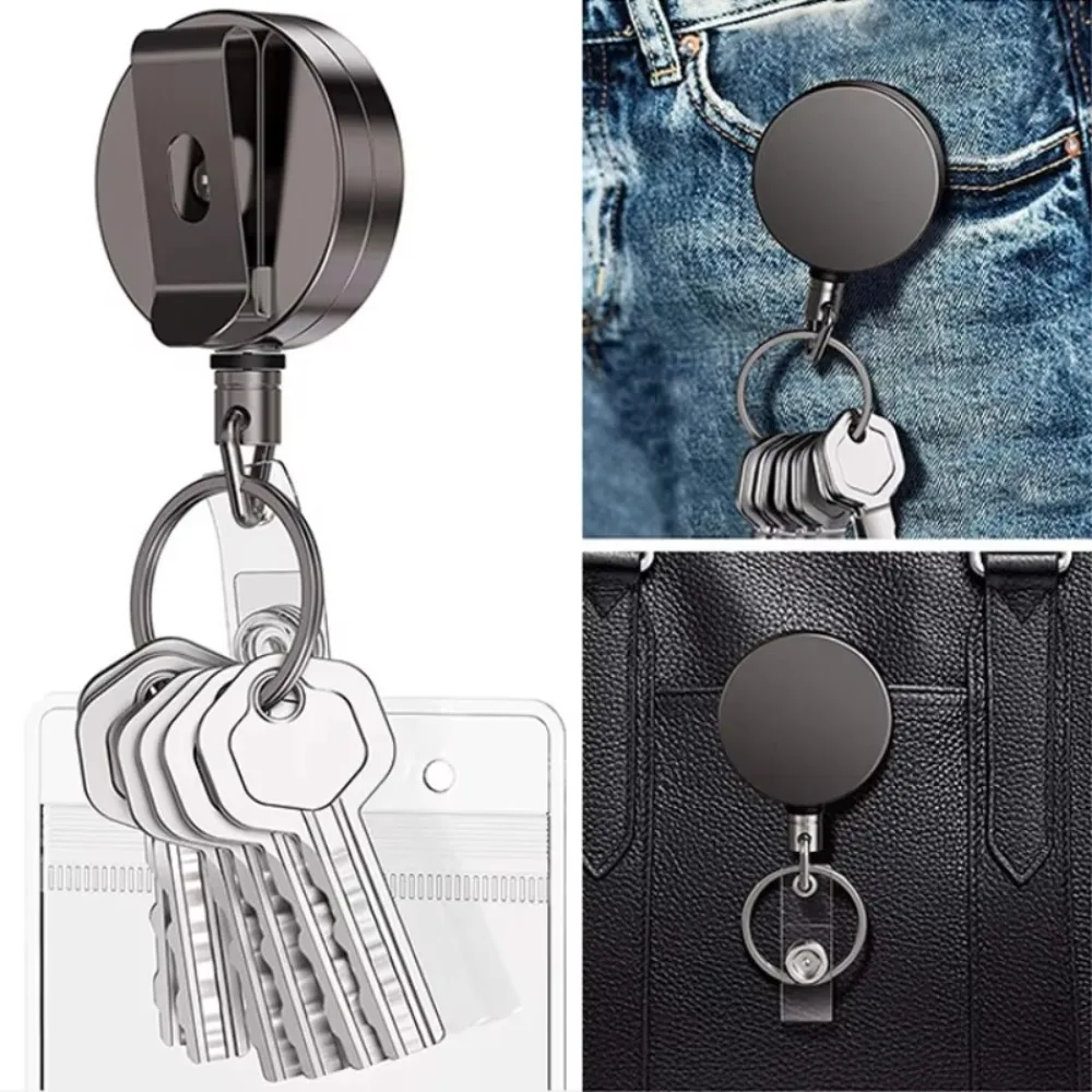 Black Metal Key Case Portable Holder Pouch Mini Car Key Wallet Housekeeper Keychain with Easy Pull Button for Daily Outdoor Use