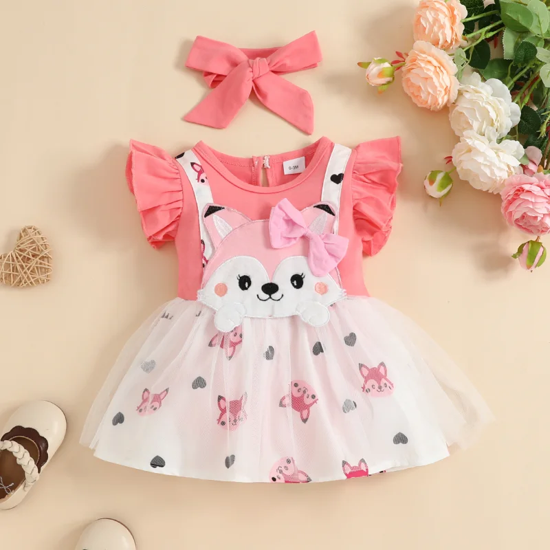 

Infant Newborn Baby Girls Romper Set Fly Sleeve Crew Neck Cartoon Fox Tulle A-line Voile Dress With Headband 0-18M