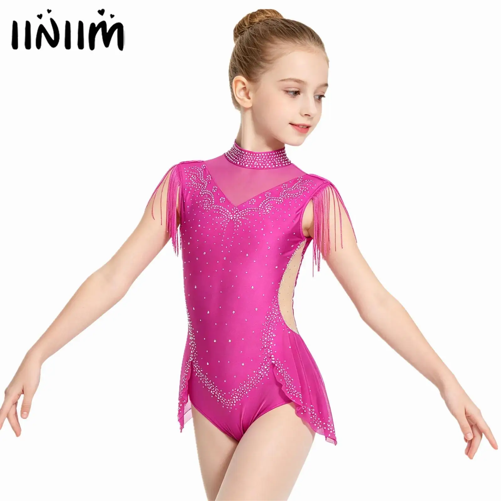 

Kids Girls Sparkling Rhinestones Gymnastics Ballet Jersey Dance Leotard Costume Zipper Back Sheer Mesh Tassel Skirted Bodysuit
