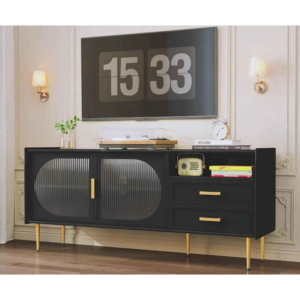 

Black 60" TV Stand for 55-65" TVs, Glass Door Entertainment Console with Storage Drawers