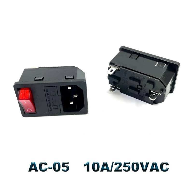 IEC320 C14 Electrical AC Socket 3 pin red LED 250V Rocker Switch 10A fuse female male inlet plug connector 2 pin socket mount