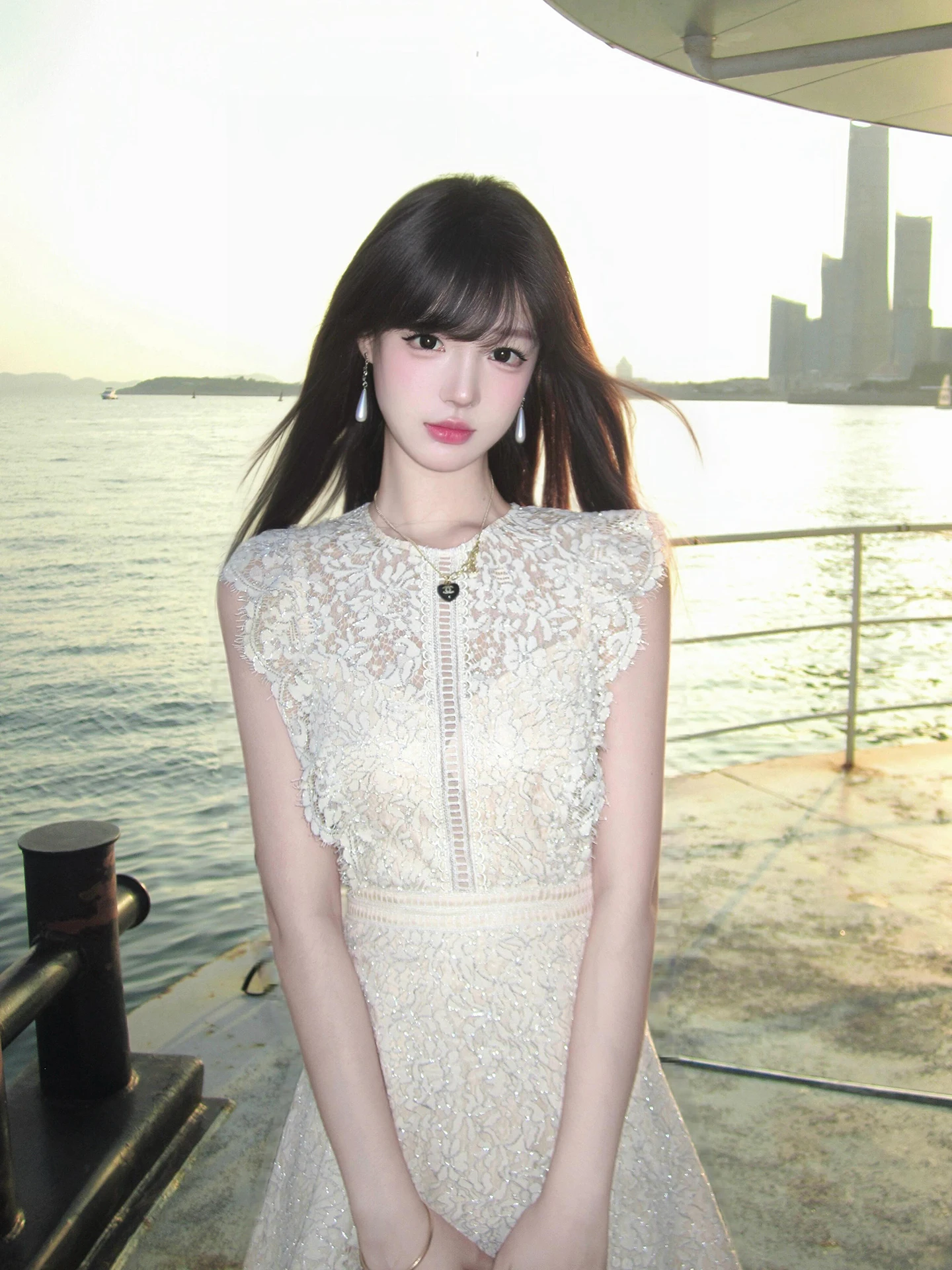 

XZY Lace Trim Waist Cinching Dr Women's round Ne Svel A-Line Skirt Polyester Fiber Casual Faion plus Size