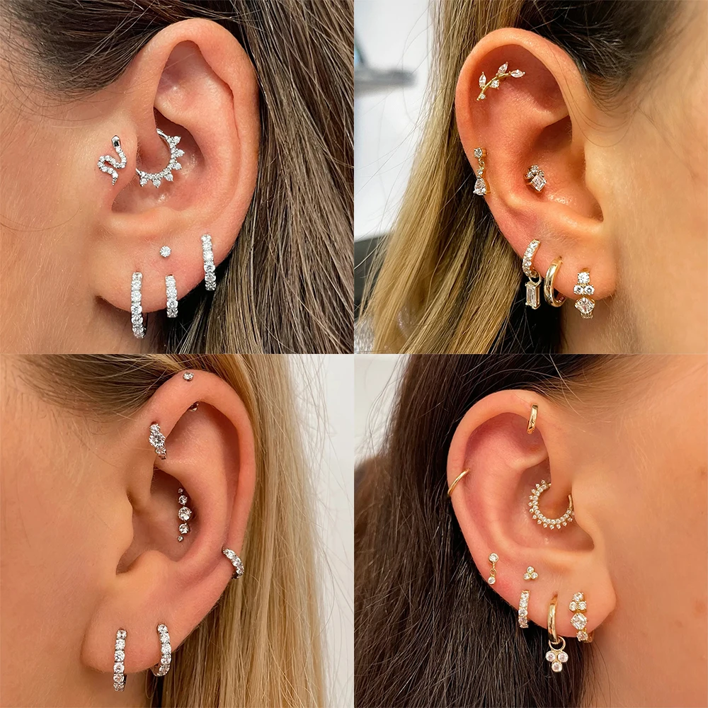 روكسي 925 فضة اثنين مخالب حلق من الماس الغضروف ثقب صف واحد حلق من الماس السيدات تنوعا مجوهرات