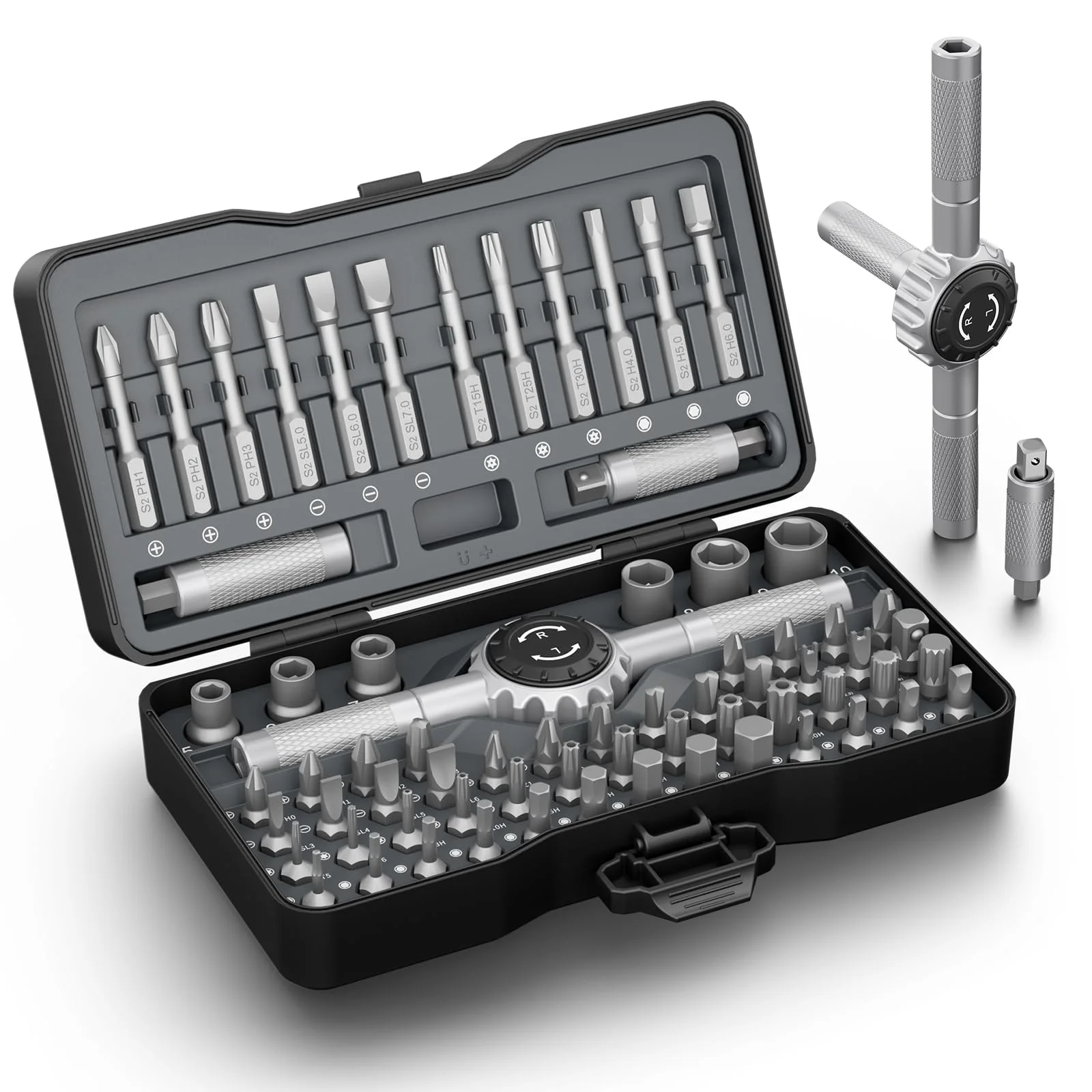 69 in 1 T-Handle Ratchet Screwdriver Set Magnetic Ratcheting Screwdriver 72-Tooth 4 Extension Bit Holders for Repair Auto Etc