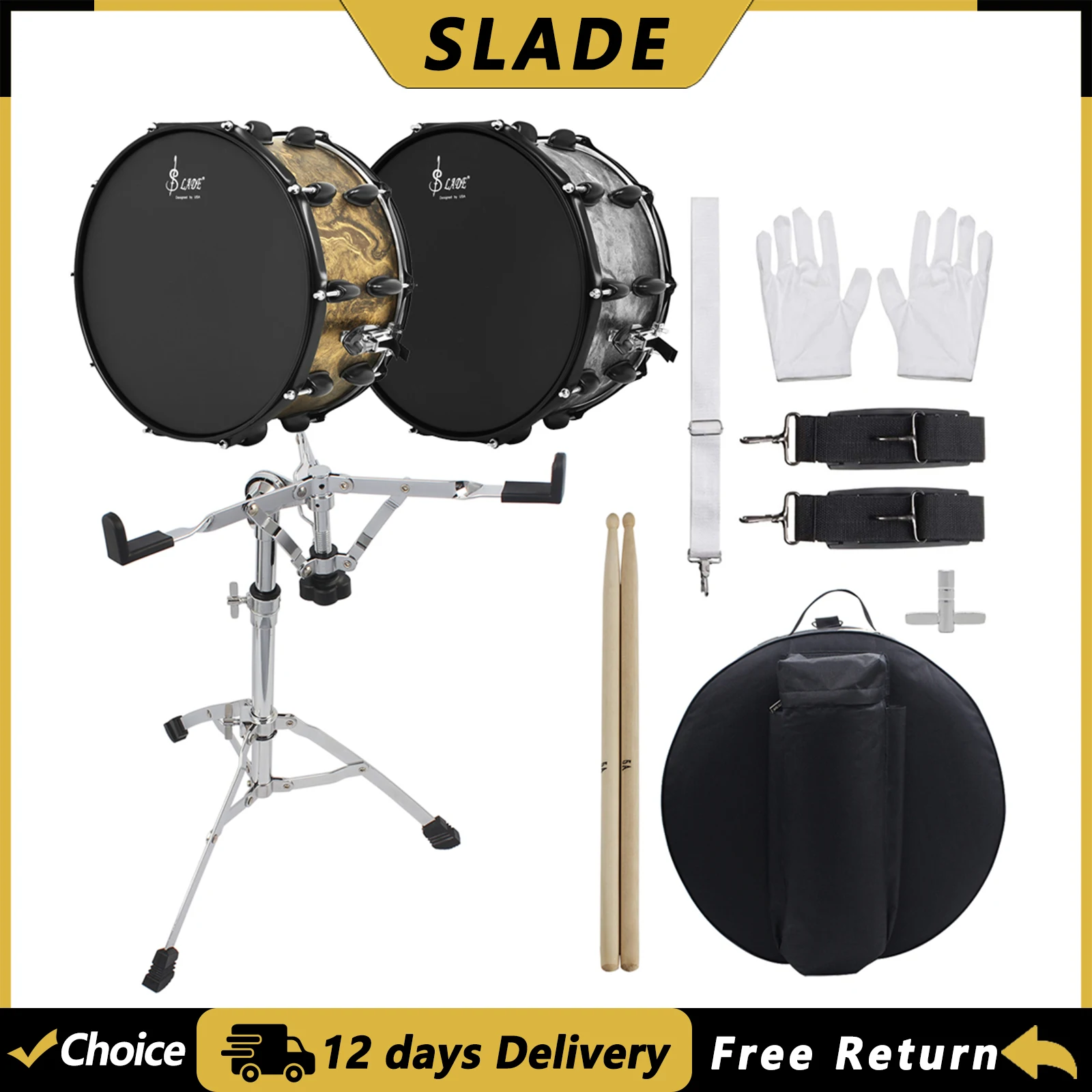 SLADE 14Inch Snare Drum with Drumsticks Strap/ Snare Drum Bag Stand Drumsticks Gloves Percussion Instrument Accessories
