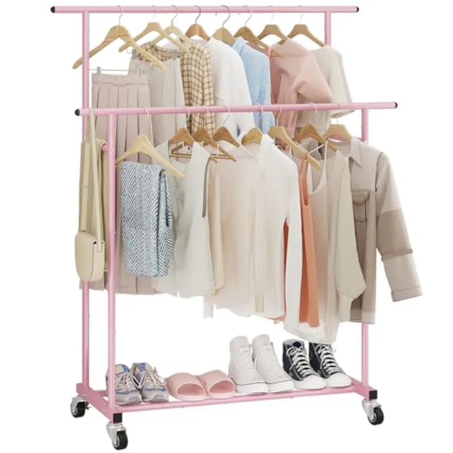 

Double Rod Clothing Garment RackRolling Hanging Clothes Rack Portable Clothes Organizer for Bedroom Living Room Clothing Store