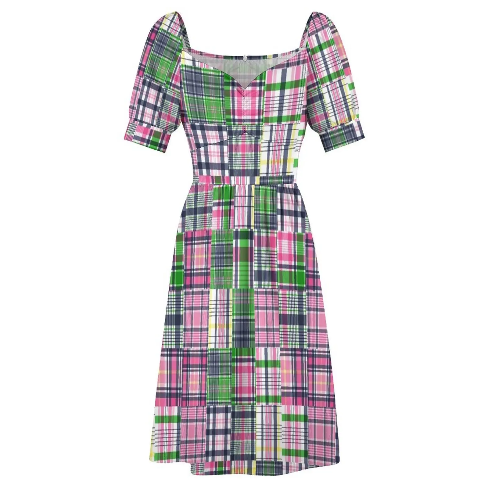 Summer Plaid Pink Madras Patchwork Short Sleeved Dress Elegant gown dresses for prom Beachwear Summer skirt Dress