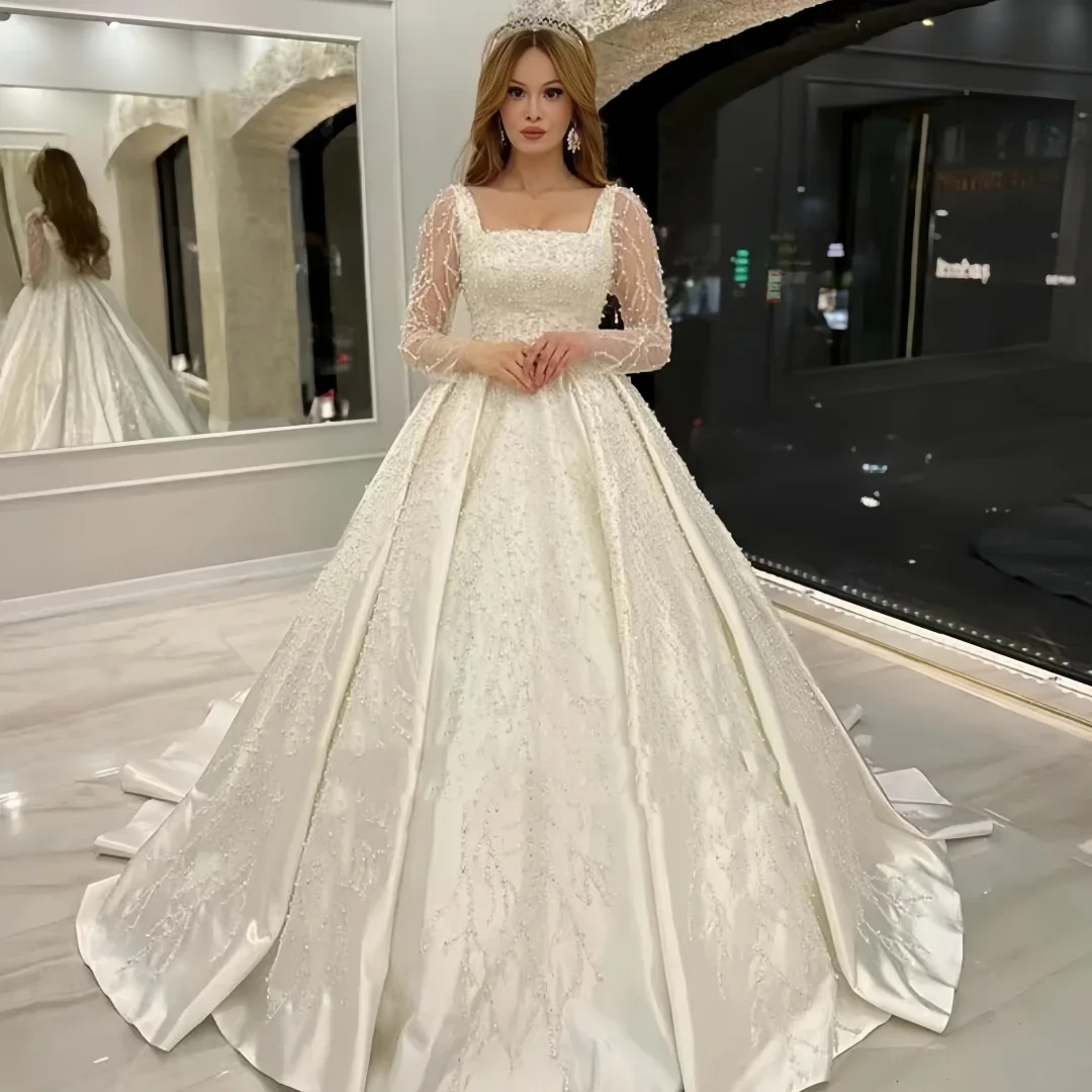 Customized Grace Wedding Dresses Embroidered Lace Beading  Princess Ball Gown Square Collar Full sleeve Bride Vestido De Novia