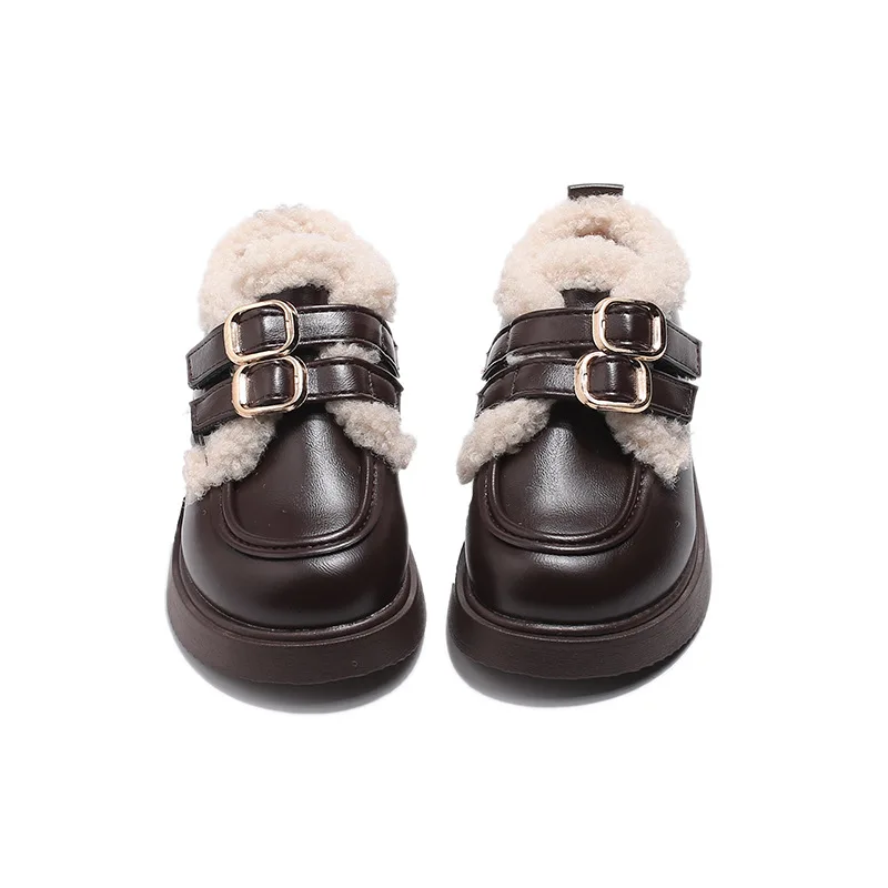 أحذية أطفال كاجوال أحذية من الجلد PU أحذية شتوية بلون سادة للفتيات أحذية مضادة للانزلاق دافئة كاكي بني مقاس 26-37