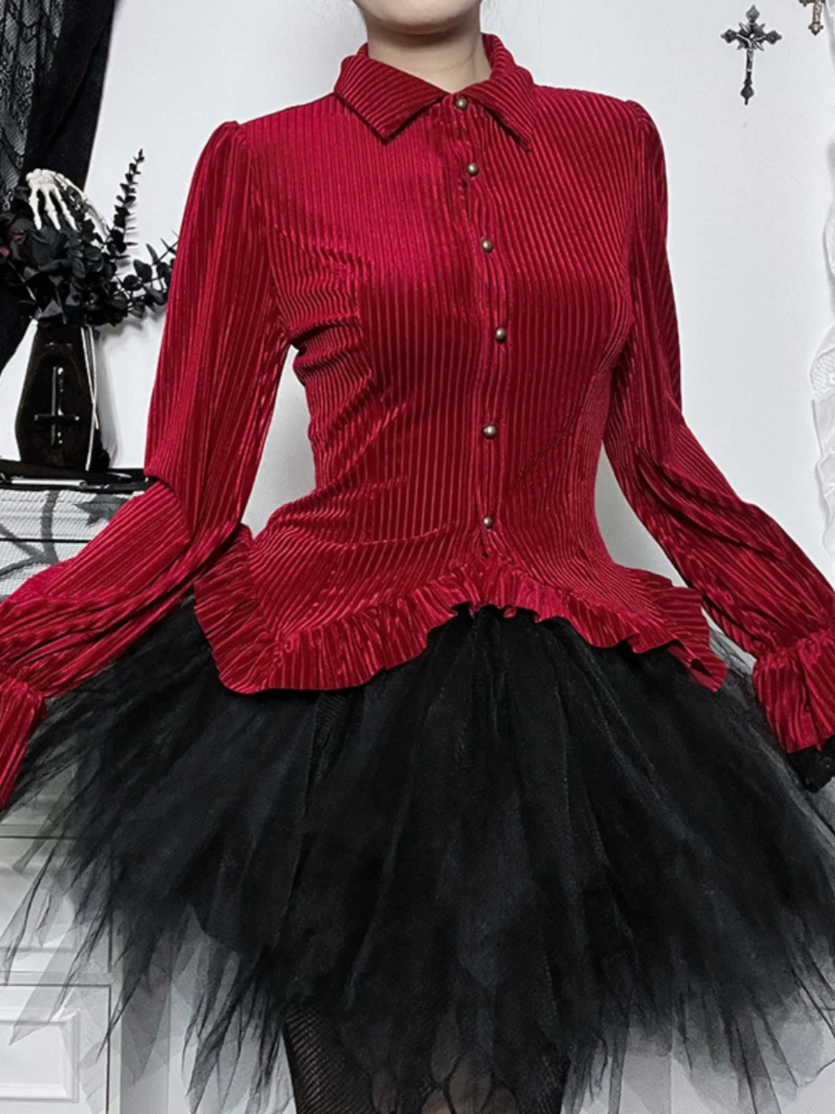 Gothic Burgundy Velvet Shirt Womens Autumn New Fashion Slim-Fit Elegant Court Style Vintage Flared Sleeve  Blouses Striped Tops