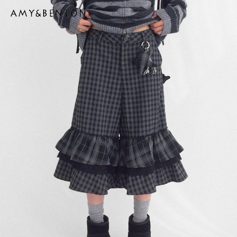 

Retro Plaid Brushed Hem Ruffle Women's Mid-Length Pants Autumn New Design Lace Splicing A-Line Wide-Leg Cropped Pants Ladies